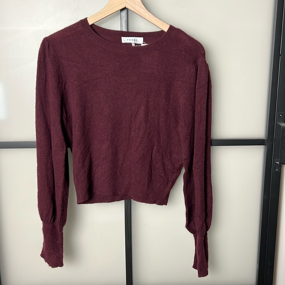 Frame Cashmere Sweater Cabernet Red Ruched Sleeve Puff Shoulder Size Small